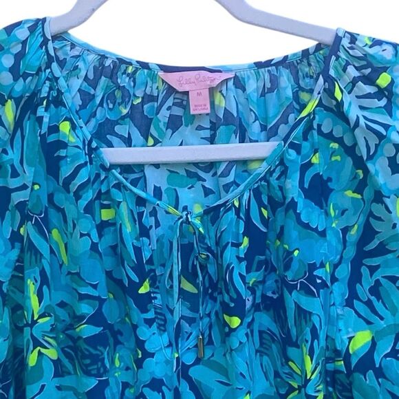 Lilly Pulitzer Blue Green Tropical Print Rayon Blouse Top Long Sleeve Size Mediu - Picture 3 of 6